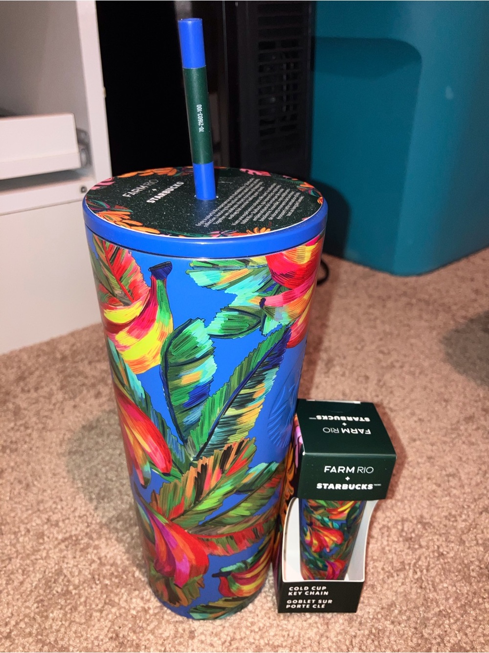 Starbucks Blue Tropical Leaf Tumbler w/Multicolor Accents and Keychain